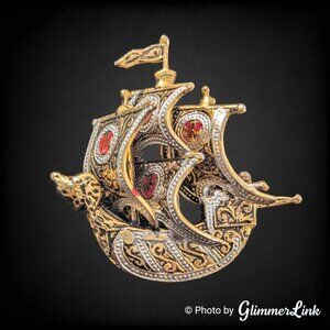 Vintage Spanish Toledoware Galleon Ship Brooch Red Enamel Gold Tone Pin